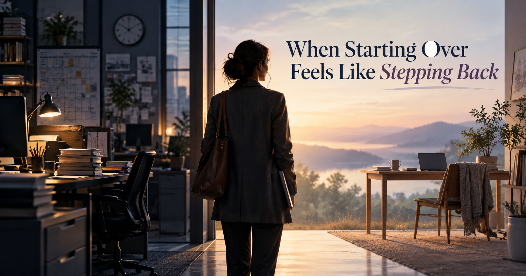 Professional standing between a busy structured office and a calmer workspace, representing the tension of starting over after years of experience.