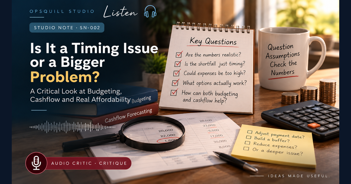 Podcast Critique cover featuring a dark navy title panel about timing versus affordability beside a desk with budget notes, magnifying glass, calculator, coffee mug and coins.