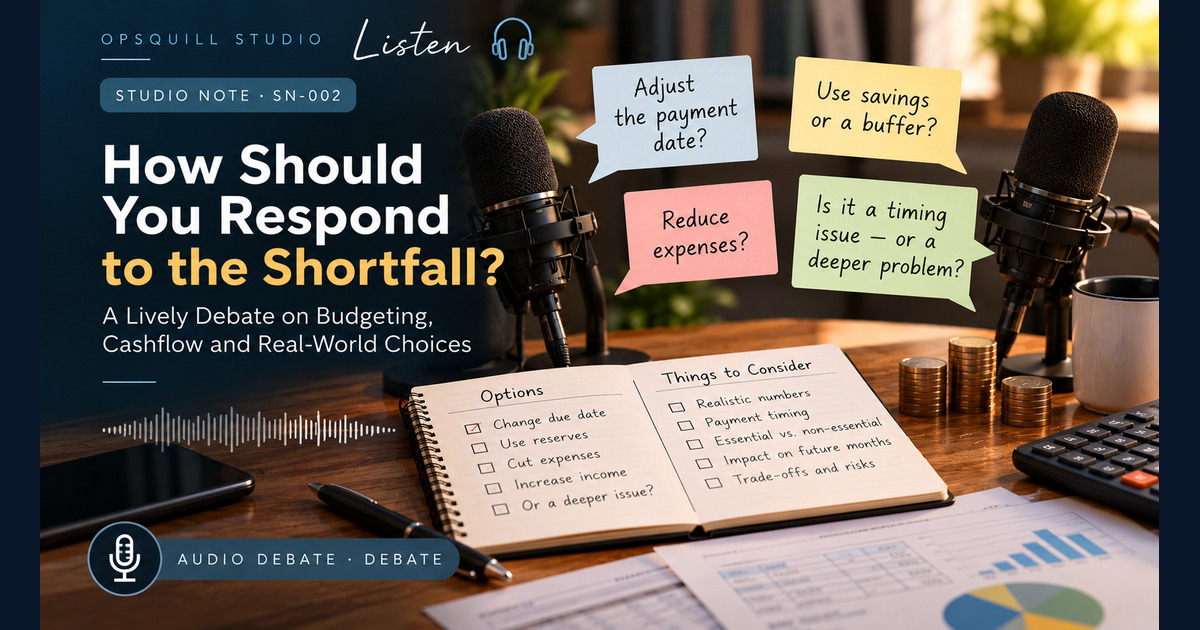 Podcast Debate cover with a dark-blue title panel asking how to respond to a cashflow shortfall, beside two microphones, budgeting notes, a calculator, coffee and coins on a desk.