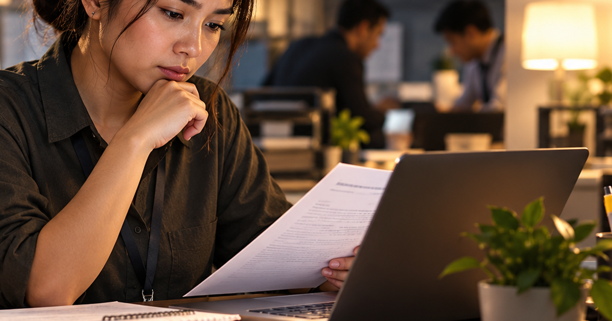 An employee studies a document beside her laptop while coworkers work in the background.