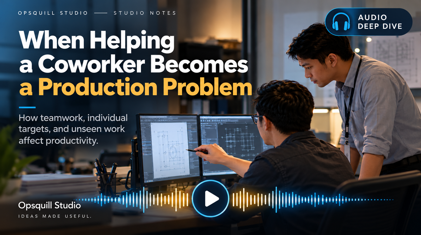 Podcast cover showing coworkers reviewing technical drawings at a workstation, with an Audio Deep Dive label and an illustrated soundwave.